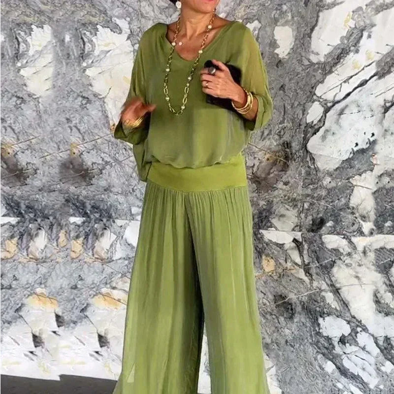 Elegant chiffon top with pants two-piece set