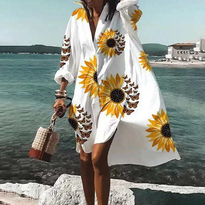 LP | Fall dress 2024 New fashion for leisure Grace printed lapel long sleeve Party loose beach women shirt dresses MsChuh