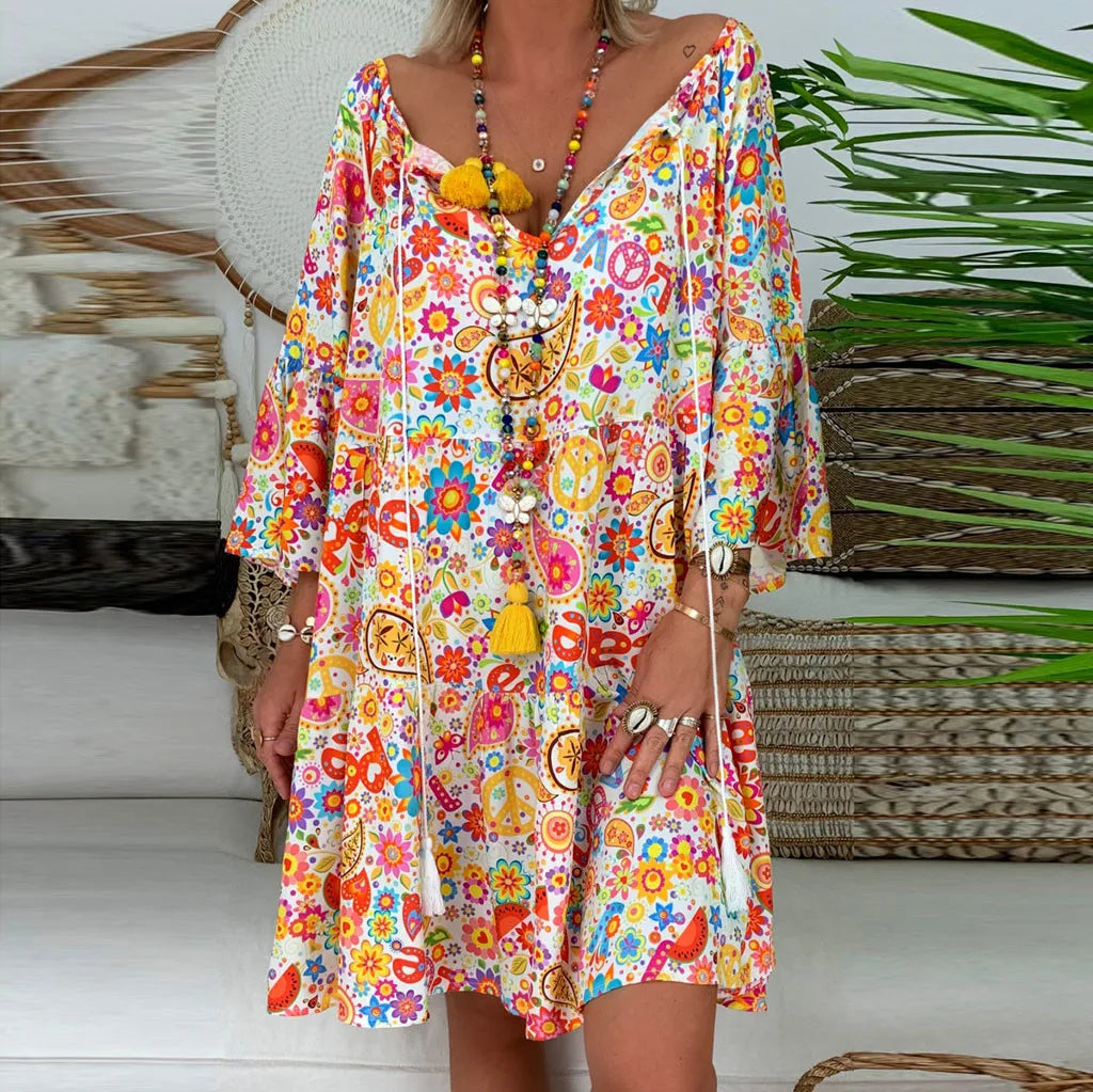 LP | plus size dress for women Loose Quarter Summer Floral Dress Mini Ladies Print Three plus size Formal Pants Suits for women