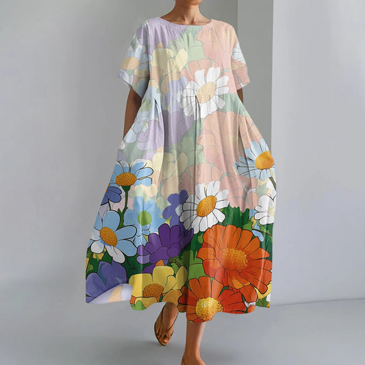LP | Ladies' Large Sized Floral Printed Fashion Round Neck Short Sleeve Loose Large Pocket Long Dress Beach Comfortable Maxi Skirt