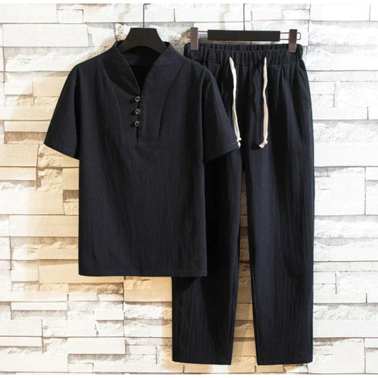 Jordano - Men's cotton and linen short-sleeve T-shirt and ankle-length pants set