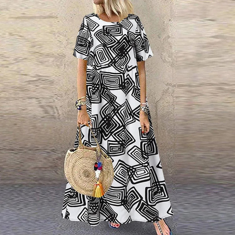 LP | Women's Summer Short-Sleeved New Plus Size Luxury Casual Holiday Dress Sun Skirt Retro Long Skirt Casual Skirt