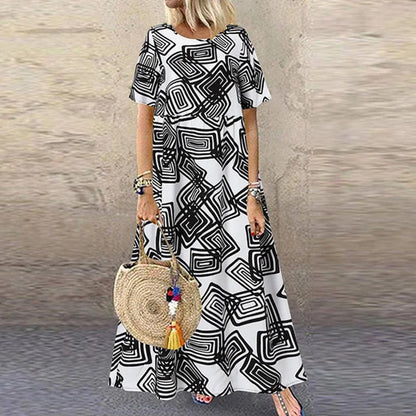 LP | Women's Summer Short-Sleeved New Plus Size Luxury Casual Holiday Dress Sun Skirt Retro Long Skirt Casual Skirt
