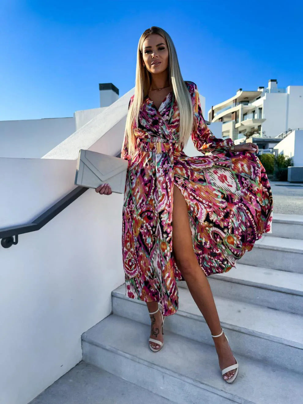 LP | Dress with high slit and belt.