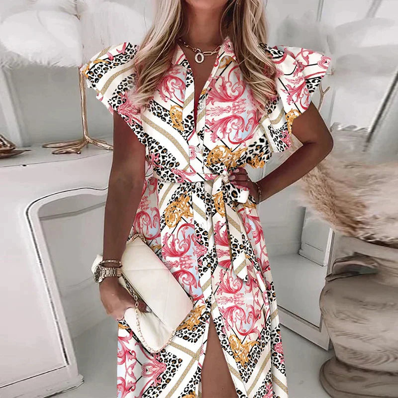 LP | Button print midi dress with ruffle short sleeve