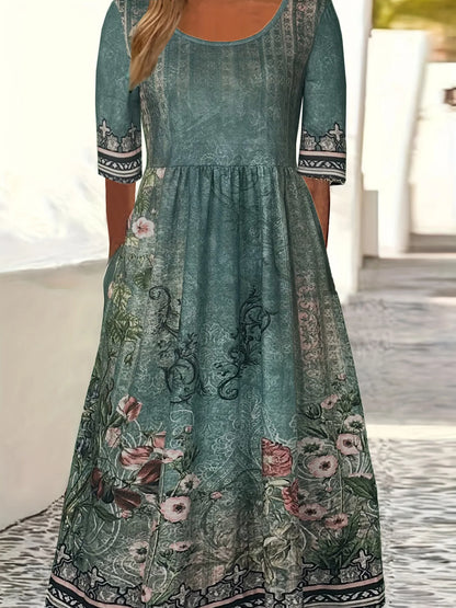 LP | 2024 Europe and the United States summer new women round neck short sleeves long skirt print bohemian dress-women