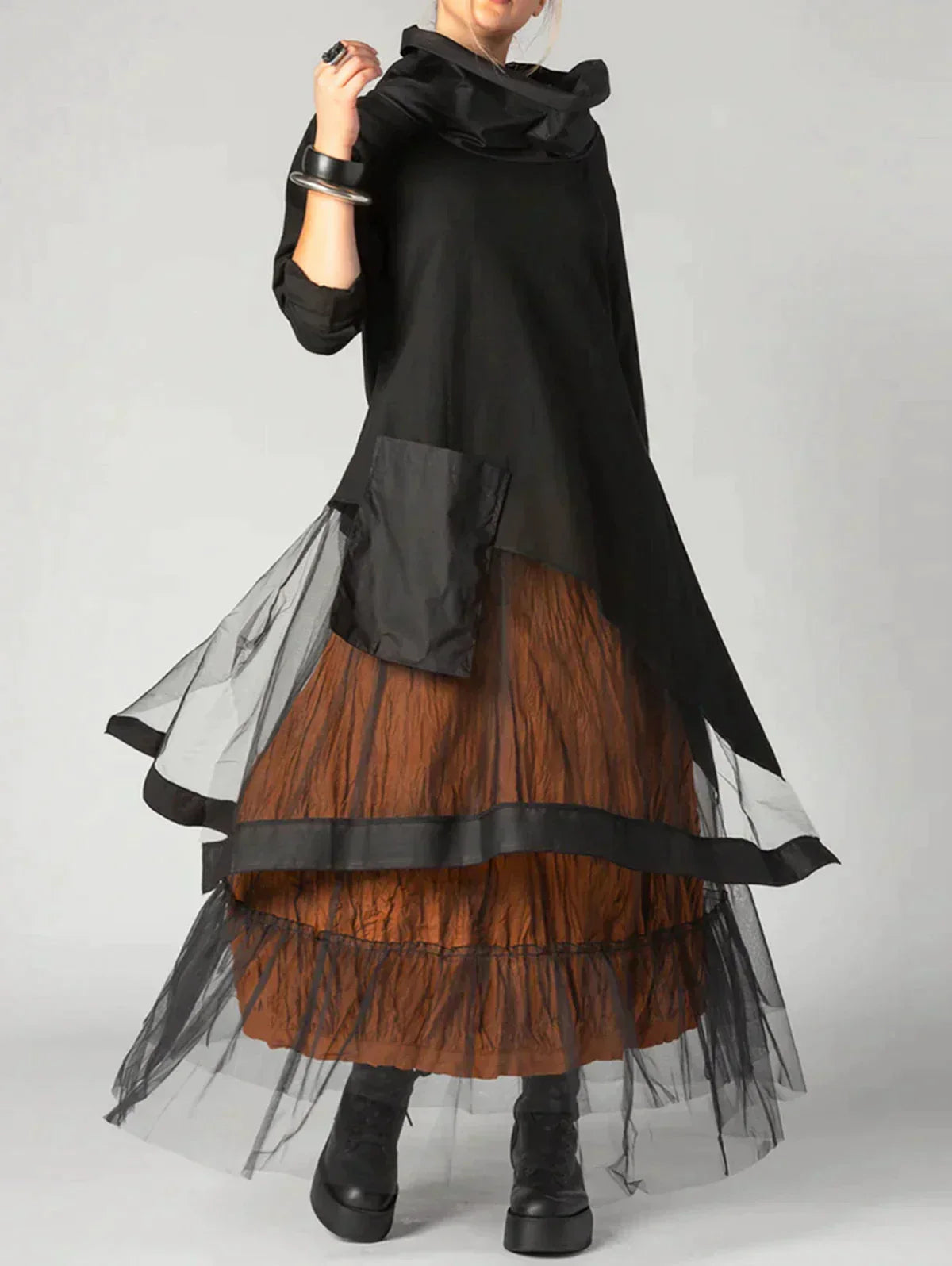 LP | Patchwork dress with long sleeves and round neckline