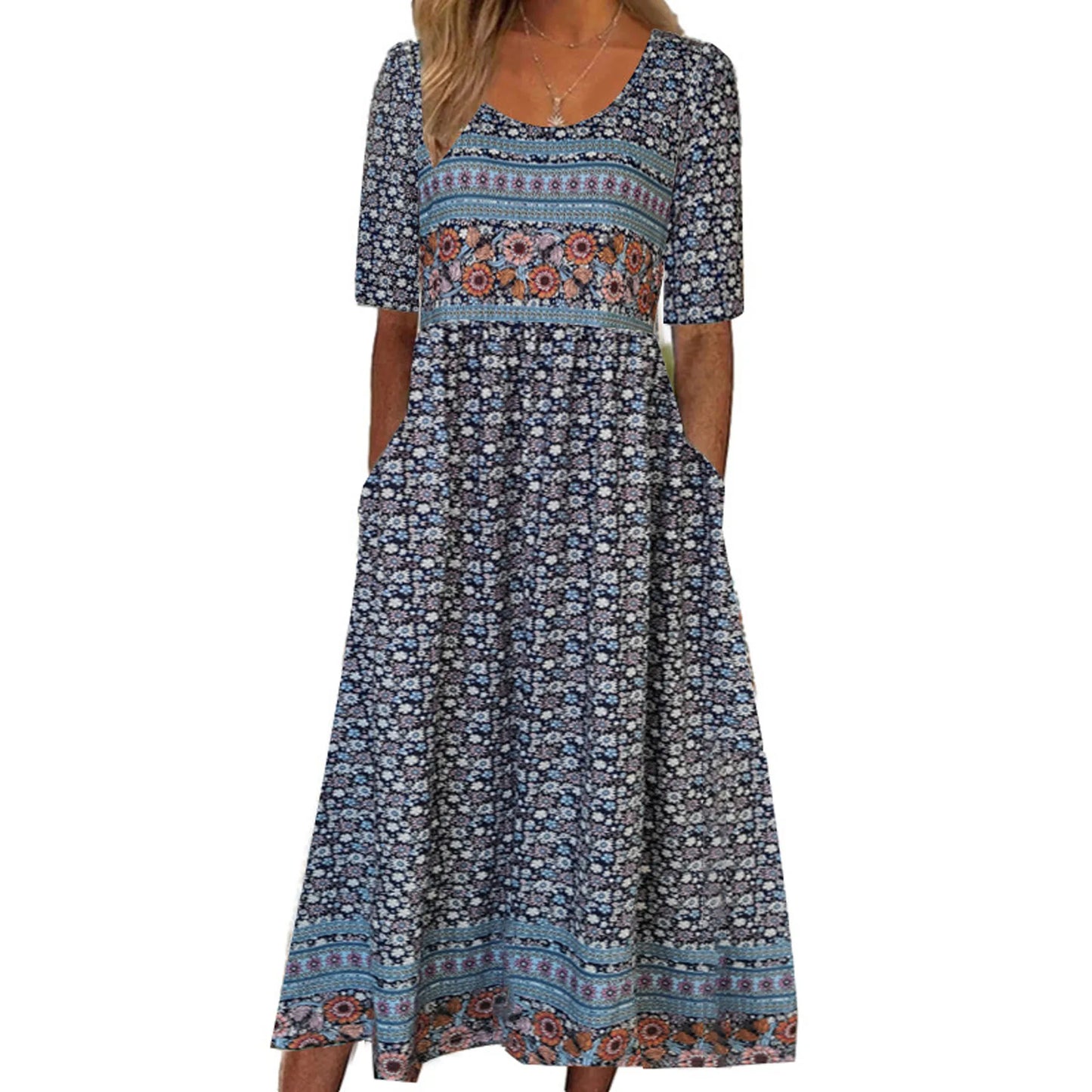 LP | 2024 Europe and the United States summer new women round neck short sleeves long skirt print bohemian dress-women