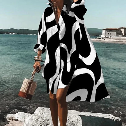 LP | Fall dress 2024 New fashion for leisure Grace printed lapel long sleeve Party loose beach women shirt dresses MsChuh