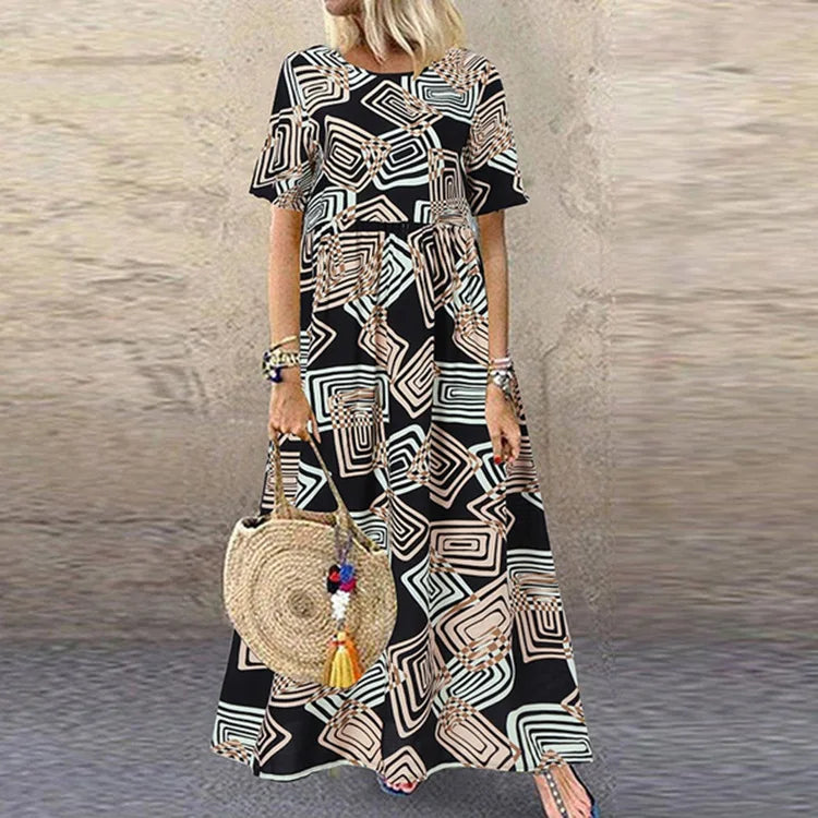LP | Women's Summer Short Sleeve New Plus Size Luxury Casual Holiday Dress Sun Retro Long Skirt Casual Skirt