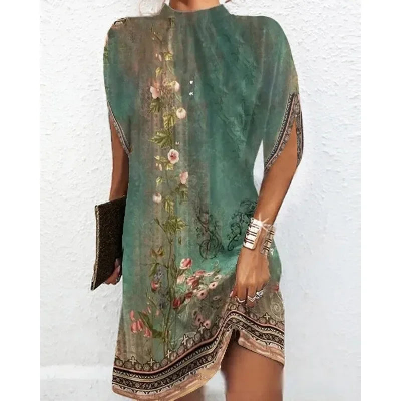 LP | women summer skirt fashion casual loose solid print batwing sleeves round neck knee-length dress