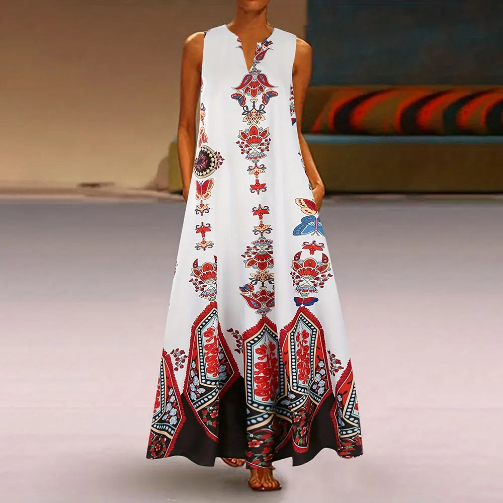 LP | Women's Dress Vintage Floral Print V-neck Dress Tank Top Summer Fashion Sleeveless Double Pocket Dress Women's plus size Maxi dress