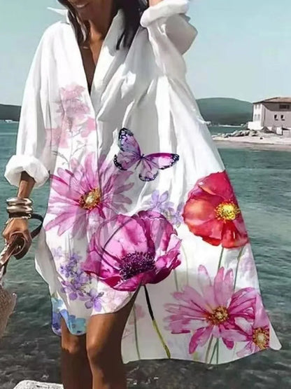 LP | Fall dress 2024 New fashion for leisure Grace printed lapel long sleeve Party loose beach women shirt dresses MsChuh