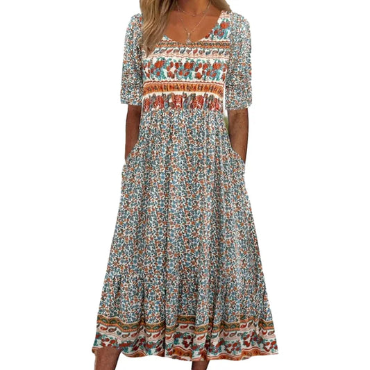 LP | 2024 Europe and the United States summer new women round neck short sleeves long skirt print bohemian dress-women