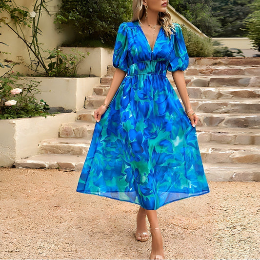 Half-length dress with V-neckline