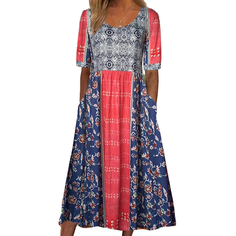 LP | 2024 Europe and the United States summer new women round neck short sleeves long skirt print bohemian dress-women