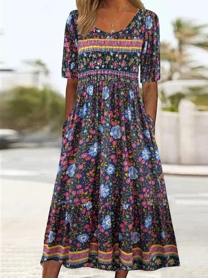 LP | 2024 Europe and the United States summer new women round neck short sleeves long skirt print bohemian dress-women