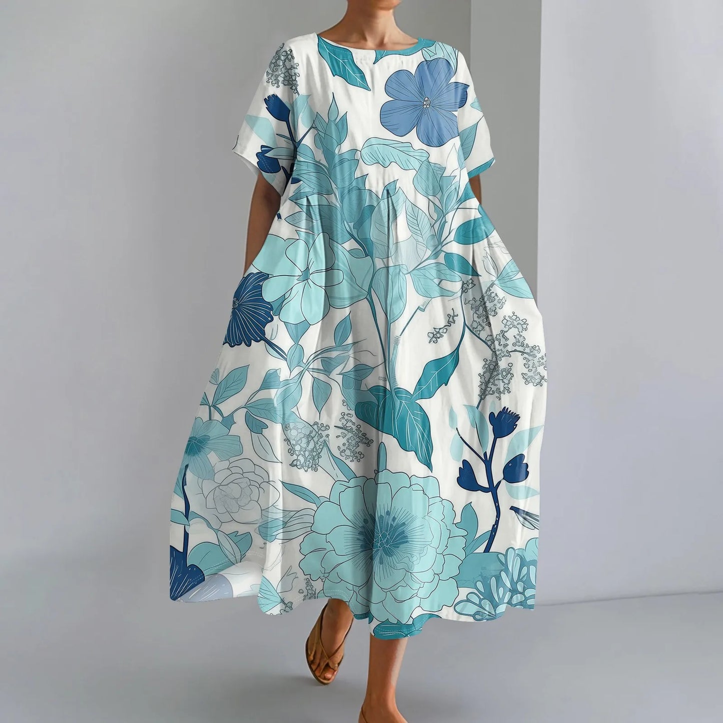 LP | Ladies' Large Sized Floral Printed Fashion Round Neck Short Sleeve Loose Large Pocket Long Dress Beach Comfortable Maxi Skirt
