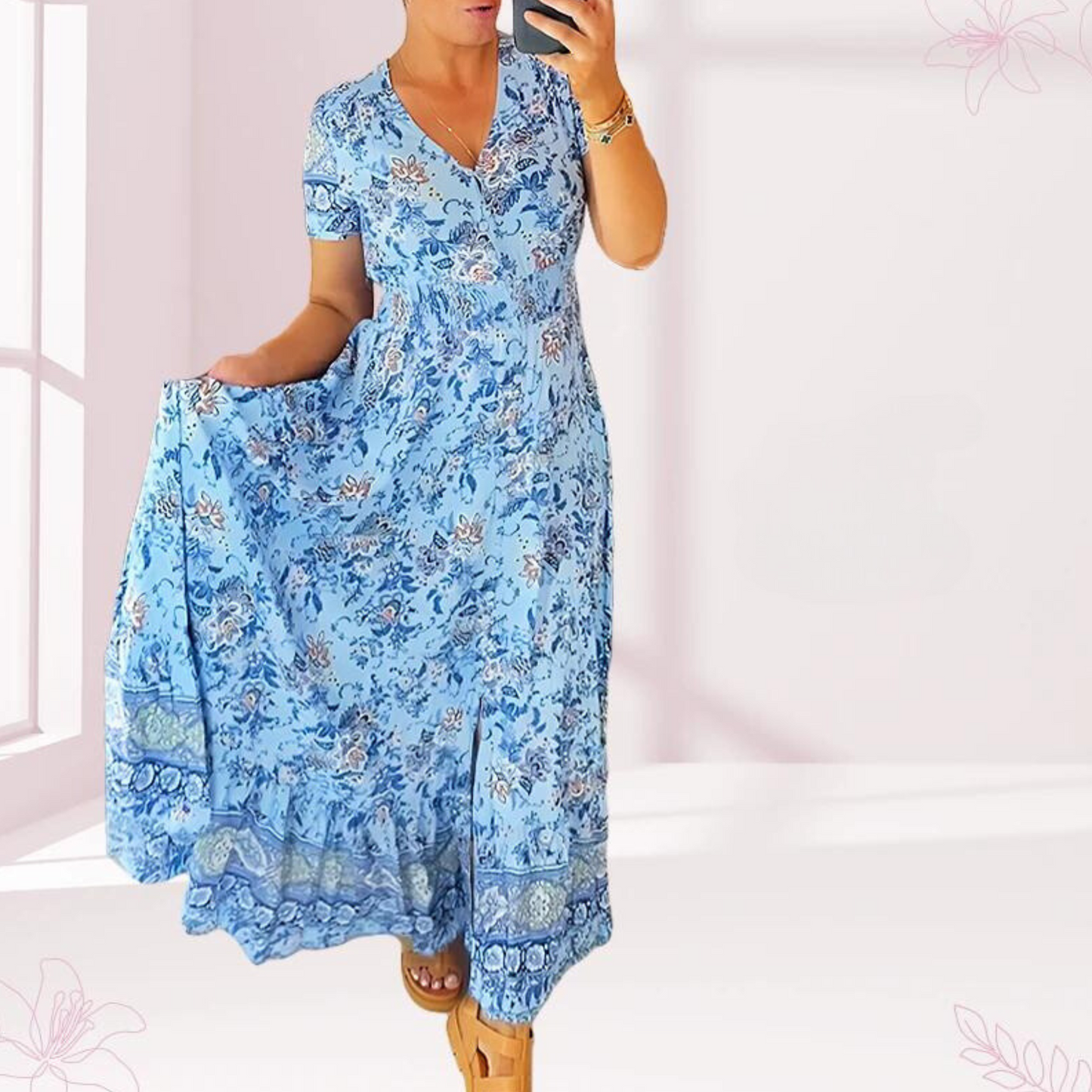 LP | Casual long dress with floral pattern and ruched waist with V-neckline