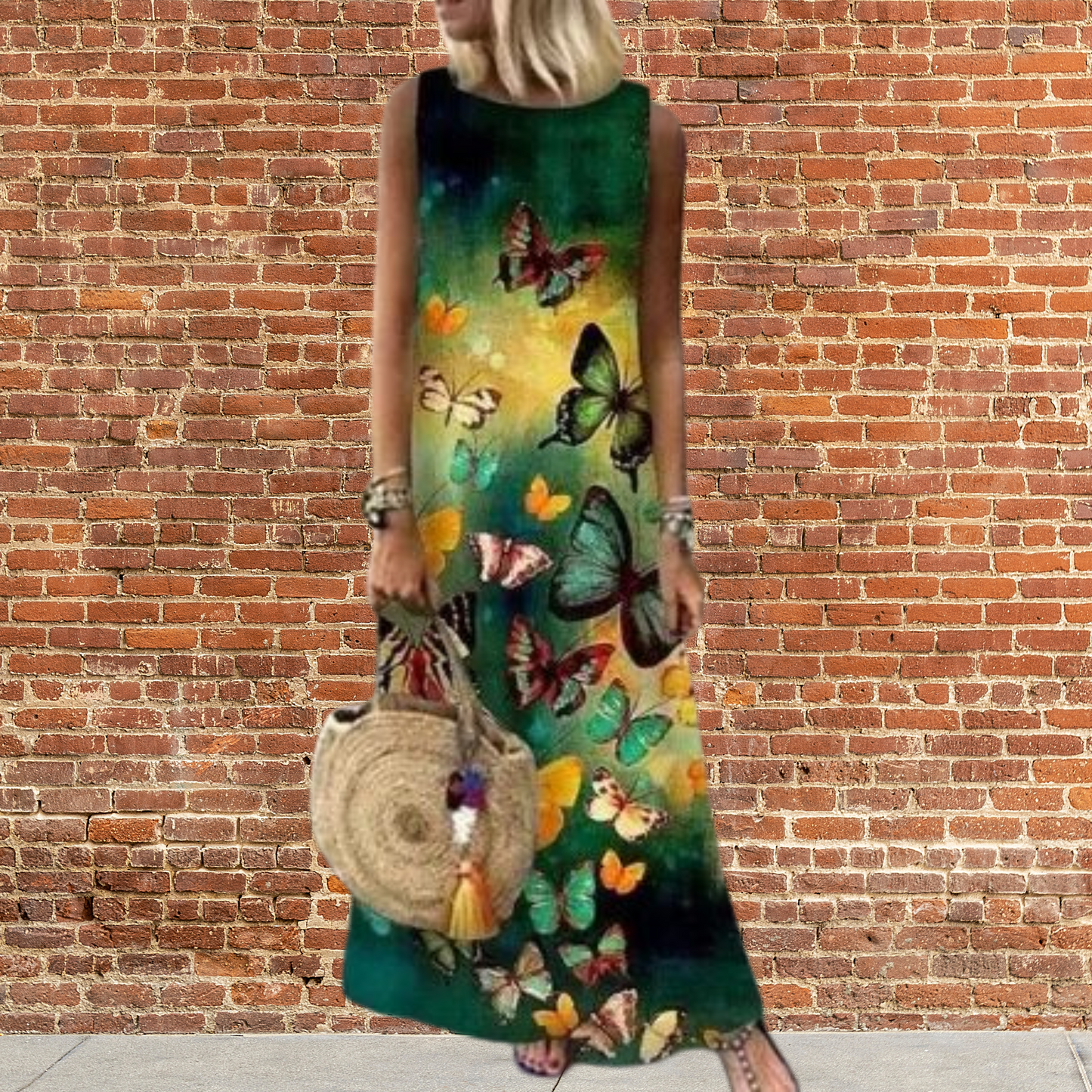 LP | Long dress with round neckline and floral pattern.