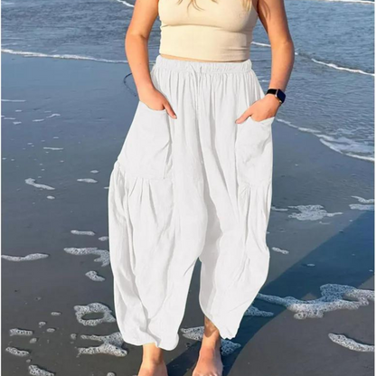 Wide pants of cotton and linen with elastic waistband and pockets