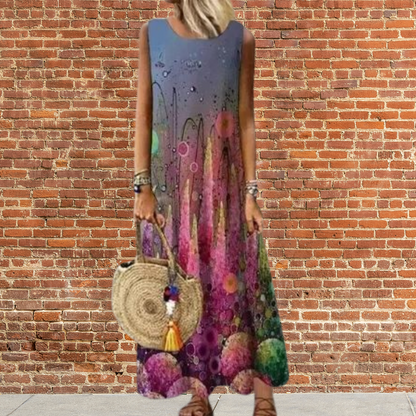 LP | Long dress with round neckline and floral pattern.