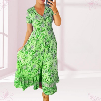 LP | Casual long dress with floral pattern and ruched waist with V-neckline