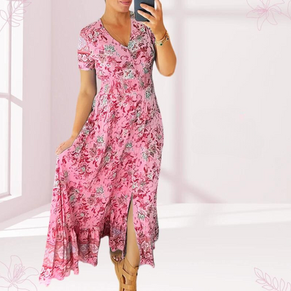 LP | Casual long dress with floral pattern and ruched waist with V-neckline