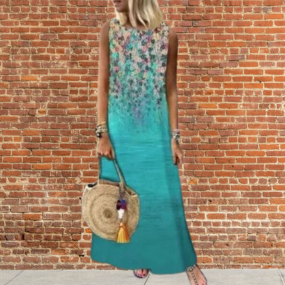LP | Long dress with round neckline and floral pattern.