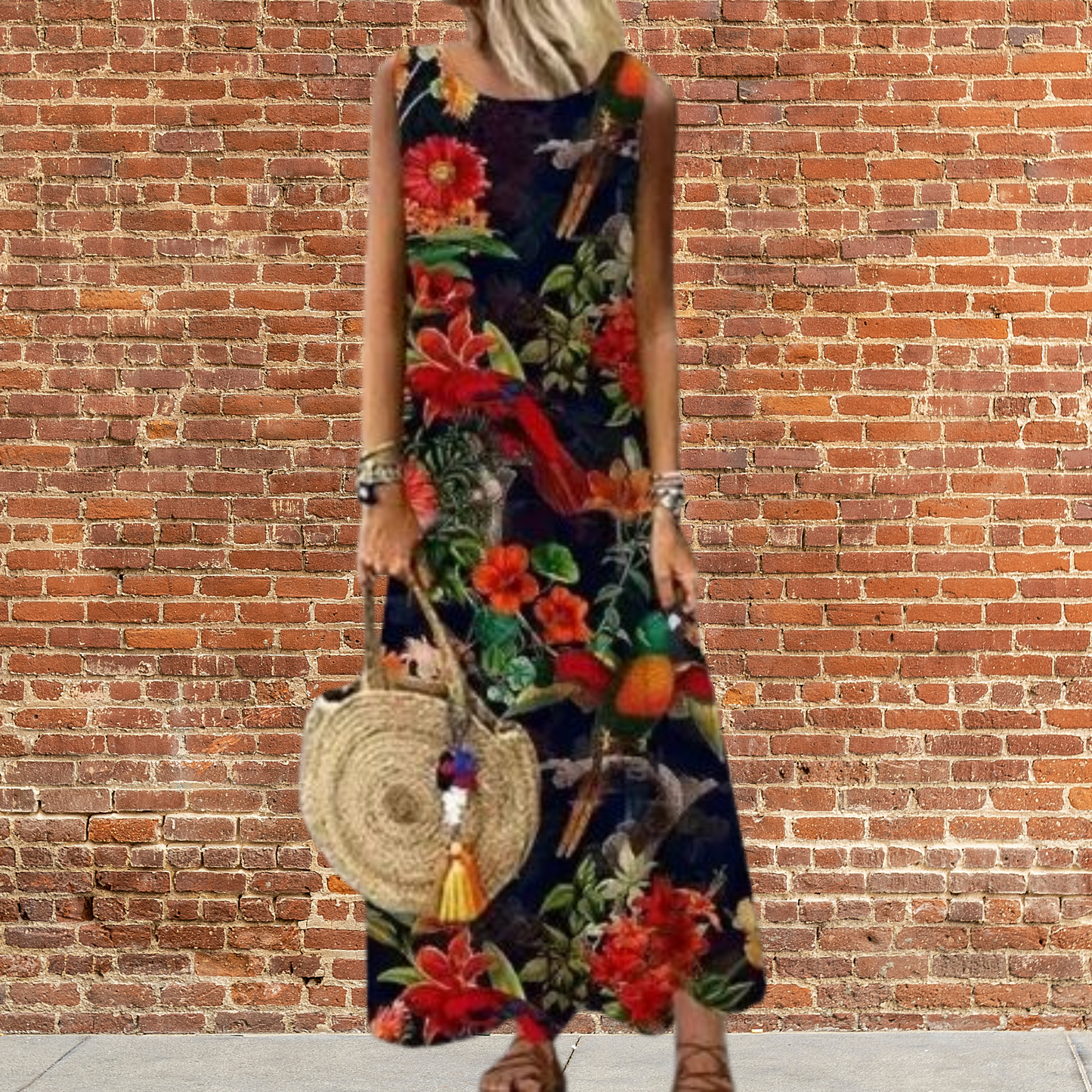 LP | Long dress with round neckline and floral pattern.