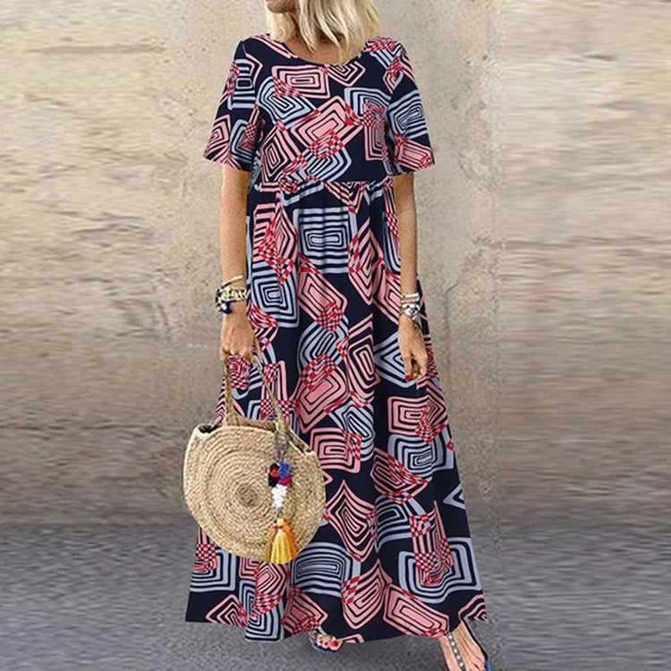 LP | Women's Summer Short-Sleeved New Plus Size Luxury Casual Holiday Dress Sun Skirt Retro Long Skirt Casual Skirt