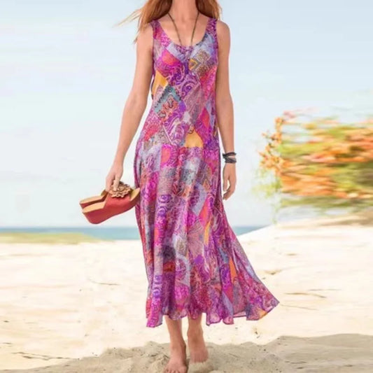 LP | Hot New sleeveless tank top ladies printed skirt summer bohemian outdoor beach group vacation dress