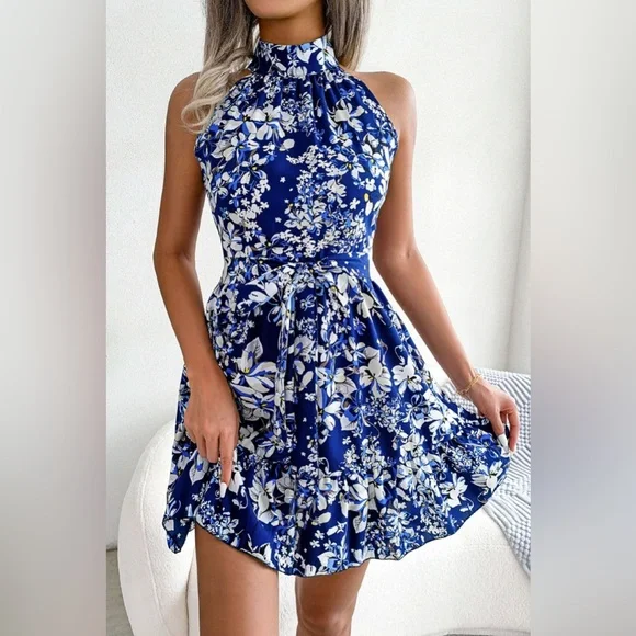 LP | Floral A-line dress with bow belt and ruched hemline