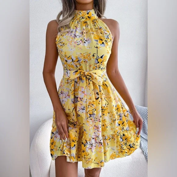 LP | Floral A-line dress with bow belt and ruched hemline