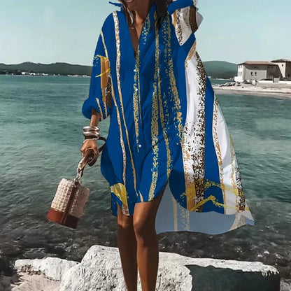 LP | Fall dress 2024 New fashion for leisure Grace printed lapel long sleeve Party loose beach women shirt dresses MsChuh