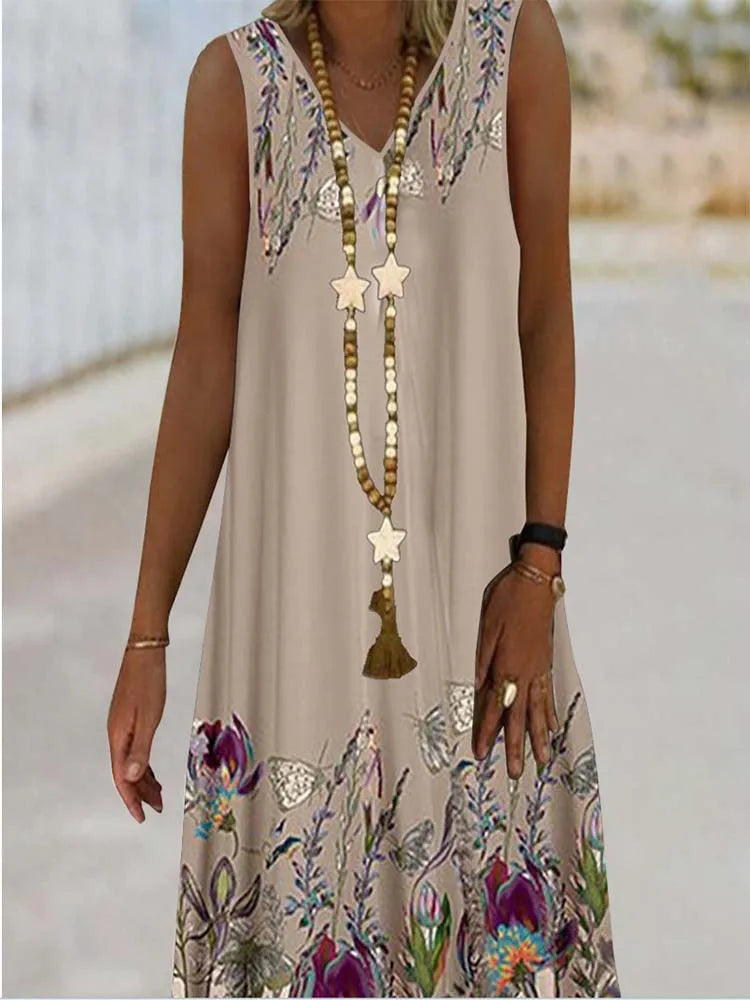 LP | Women's Sleeveless Dress with V-neck Dresses with Vegetal Print Floral Pattern Beach Casual Top Summer Clothing Sexy 2024