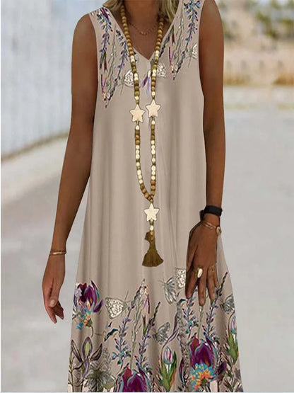 LP | Women's Sleeveless Dress with V-neck Dresses with Vegetal Print Floral Pattern Beach Casual Top Summer Clothing Sexy 2024