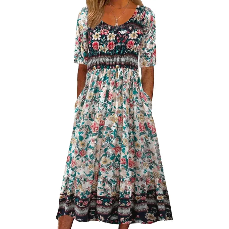 LP | 2024 Europe and the United States summer new women round neck short sleeves long skirt print bohemian dress-women