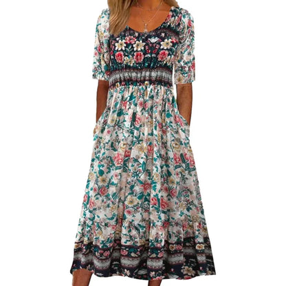 LP | 2024 Europe and the United States summer new women round neck short sleeves long skirt print bohemian dress-women