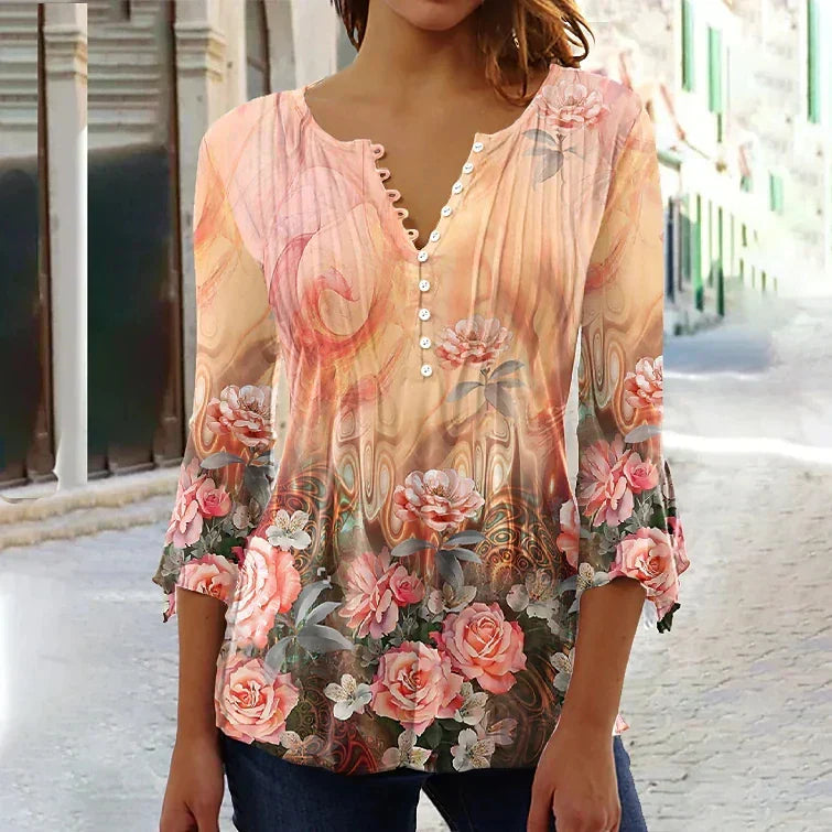 LP | Elegant printed blouse with v-neck and buttons