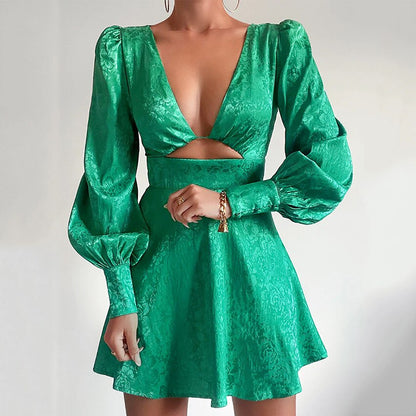 LP | Printed satin flared dress with puff sleeves
