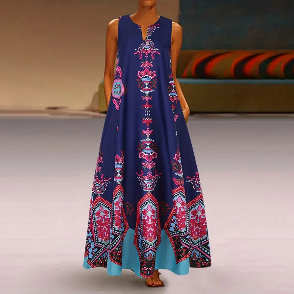 LP | Women's Dress Vintage Floral Print V-neck Dress Tank Top Summer Fashion Sleeveless Double Pocket Dress Women's plus size Maxi dress