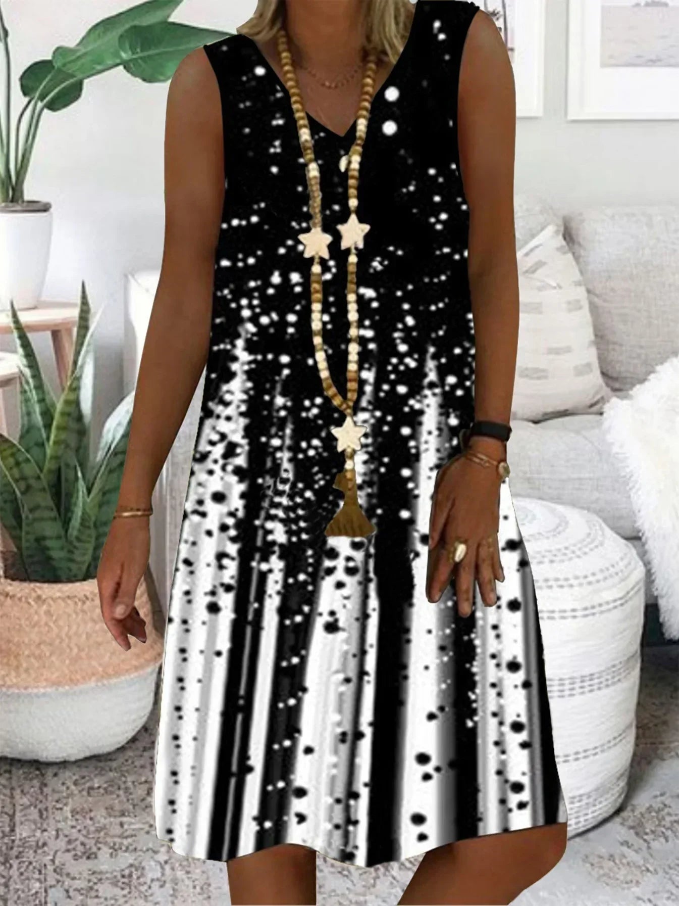 LP | Women's Sleeveless Dress with V-neck Dresses with Vegetal Print Floral Pattern Beach Casual Top Summer Clothing Sexy 2024
