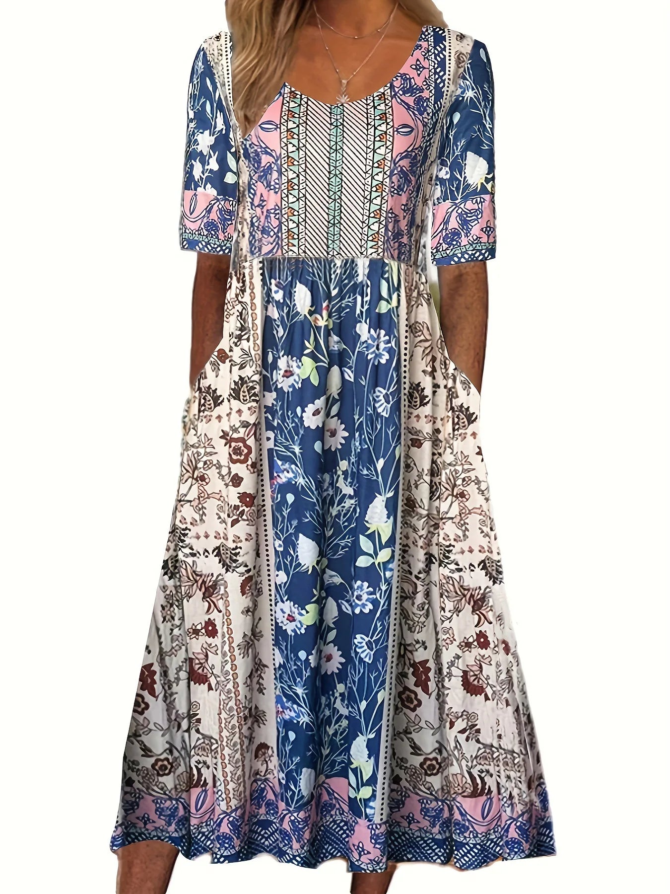 LP | 2024 Europe and the United States summer new women round neck short sleeves long skirt print bohemian dress-women
