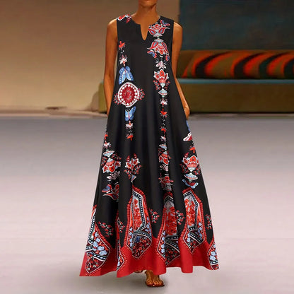 LP | Women's Dress Vintage Floral Print V-neck Dress Tank Top Summer Fashion Sleeveless Double Pocket Dress Women's plus size Maxi dress