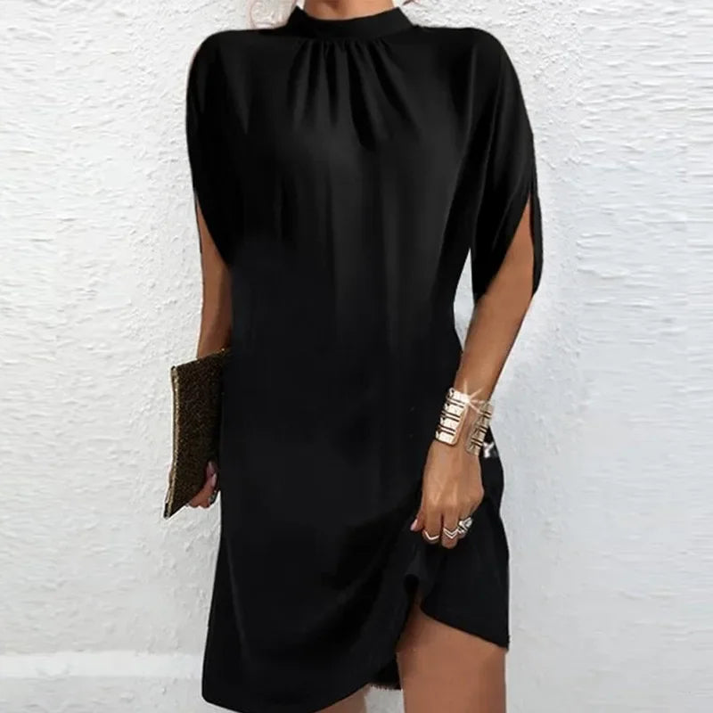 LP | women summer skirt fashion casual loose solid print batwing sleeves round neck knee-length dress