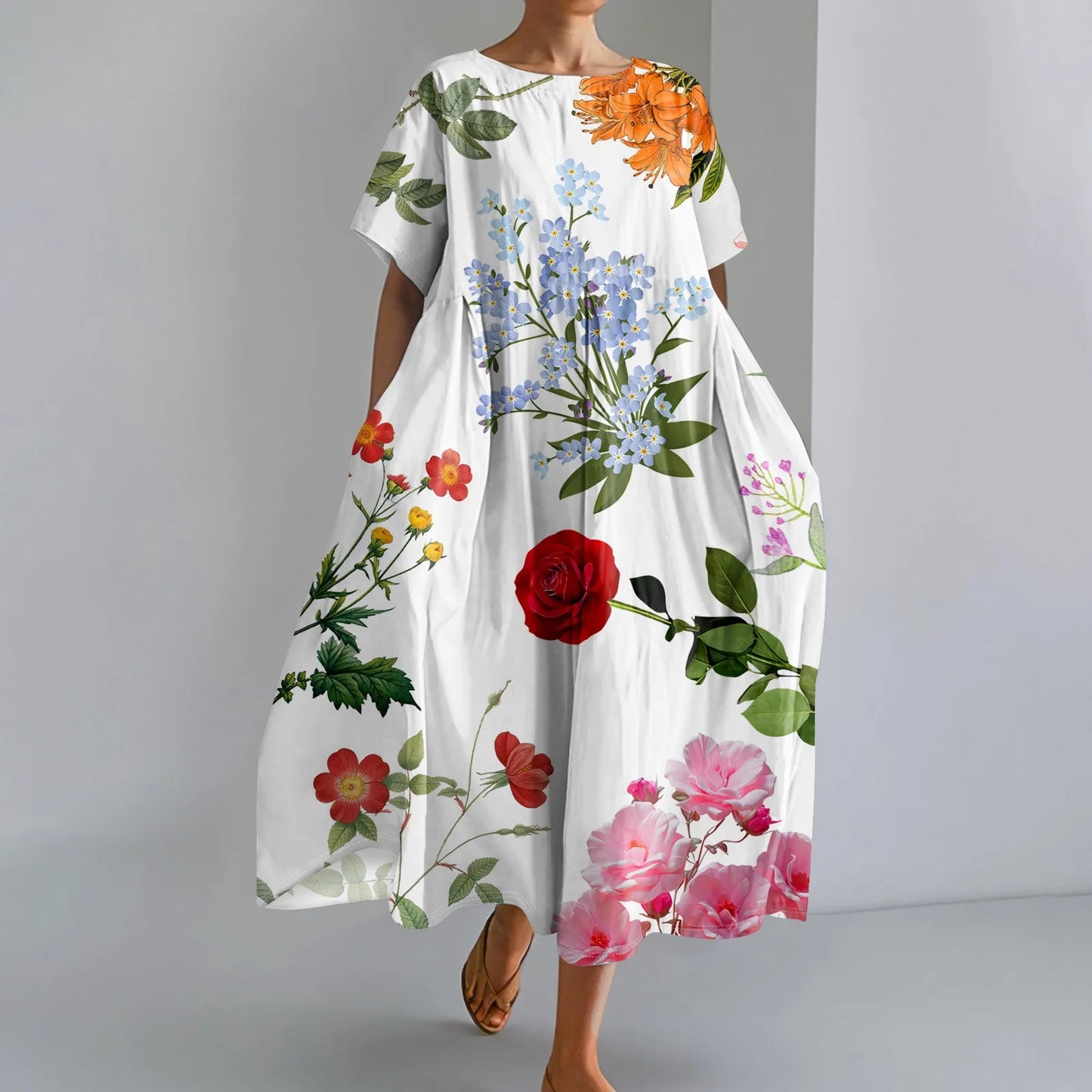 LP | Ladies' Large Sized Floral Printed Fashion Round Neck Short Sleeve Loose Large Pocket Long Dress Beach Comfortable Maxi Skirt
