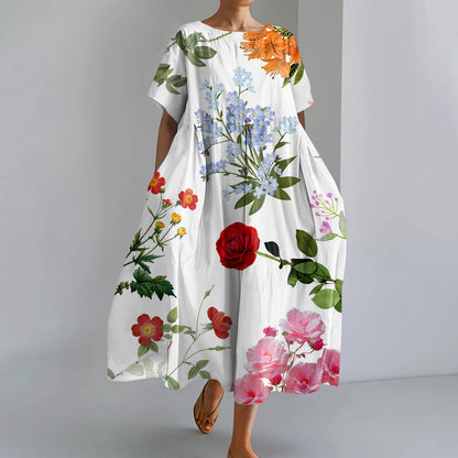 LP | Ladies' Large Sized Floral Printed Fashion Round Neck Short Sleeve Loose Large Pocket Long Dress Beach Comfortable Maxi Skirt