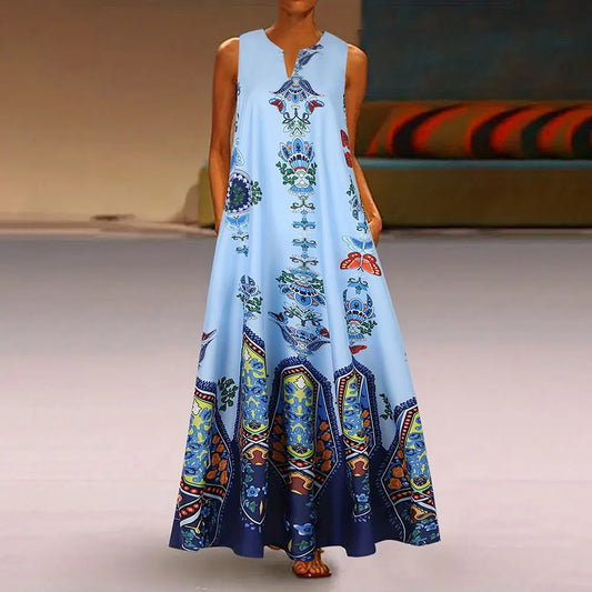 LP | Women's Dress Vintage Floral Print V-neck Dress Tank Top Summer Fashion Sleeveless Double Pocket Dress Women's plus size Maxi dress