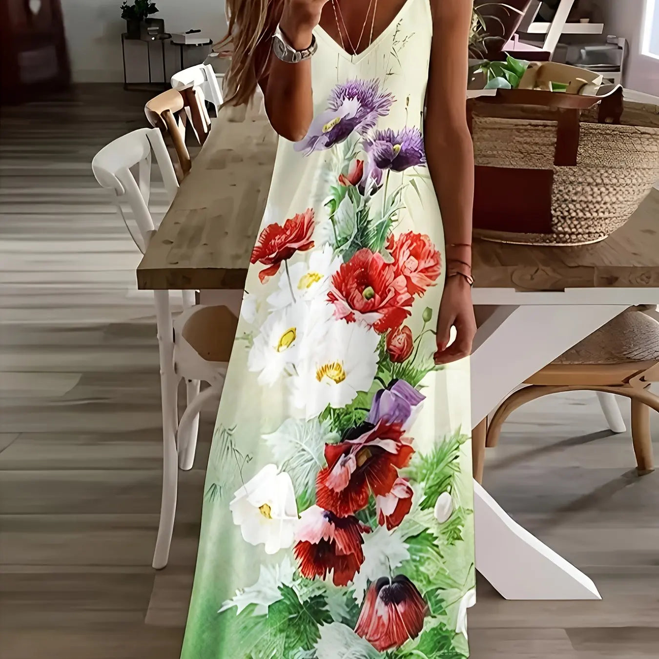 LP | Summer Fresh Floral Print Beach Holiday Casual Suspenders Dress Fashion Sleeveless Loose Long Skirt
